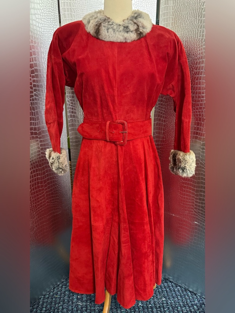 Lloyd Williams Vintage Red Suede Belted Coat with Fur Cuffs Mrs Claus Christmas